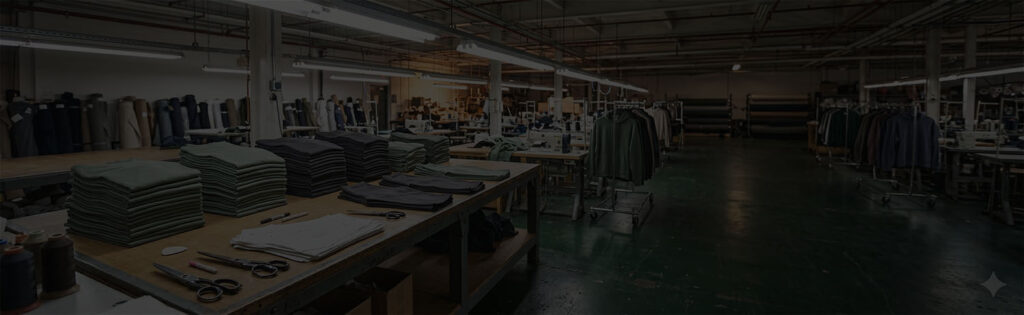 Cut-and-sew production floor with cutting tables and stacked cut panels for custom hoodies