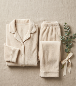 Beige fleece pajama set flat lay with gift ribbon, gift-ready pajama packaging