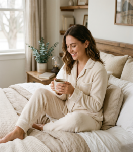 Cream button-down pajama set, woven pajama manufacturing by Renrui Textile