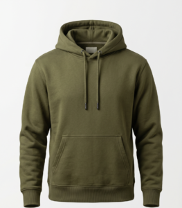 Olive French terry pullover hoodie flat-lay, custom OEM manufacturer