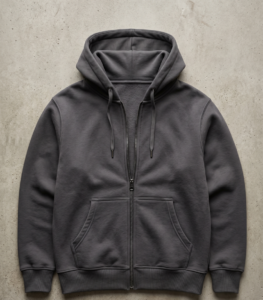 Charcoal full-zip hoodie flat-lay, custom hoodie manufacturer low MOQ