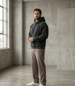 Men's acid-wash black pullover hoodie on model, custom cut-and-sew manufacturer