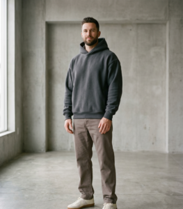 Men's charcoal pullover hoodie on model, custom OEM low MOQ