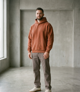 Men's garment-dyed rust hoodie on model, custom hoodie manufacturer