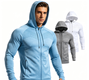 Men's full-zip athletic hoodie in light blue, custom OEM manufacturing, three colorways