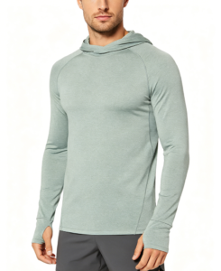 Men's lightweight athletic hoodie in sage green with thumbholes, custom OEM