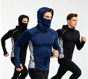 Men's performance running hoodie with navy neck gaiter, custom hoodie manufacturer