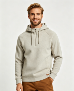 Men's quarter-zip tech fleece hoodie in stone grey, custom hoodie manufacturer