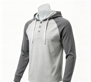 Men's raglan henley hoodie in heather grey on ghost mannequin, custom manufacturer