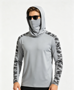 Men's UPF fishing sun hoodie in grey camo with neck gaiter, custom OEM