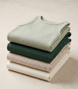 Stack of folded ribbed cotton tank tops in sage, forest green and cream — wholesale custom colours
