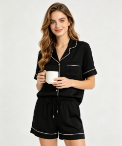Black short-sleeve pajama shorts set with white piping — custom women's pajamas by Renrui Textile