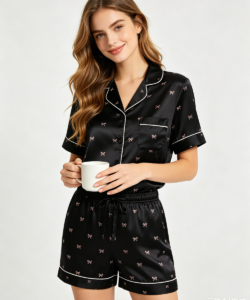 Black satin pajama shorts set with bow print and contrast piping, OEM sleepwear production