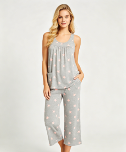 Grey sleeveless tank pajama set with star print and cropped pants, custom knit sleepwear