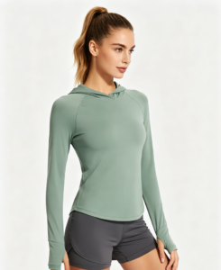Women's lightweight athletic hoodie in sage green with thumbholes, private label