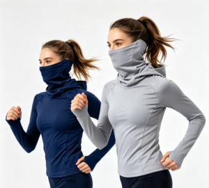Women's performance running hoodie with navy and grey neck gaiter, OEM cut-and-sew