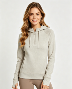 Women's quarter-zip tech fleece hoodie in stone grey, custom manufacturer