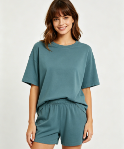 Teal knit tee and shorts lounge set, low MOQ pajama manufacturing sample