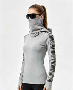 Women's UPF fishing sun hoodie in grey camo with neck gaiter, OEM cut-and-sew