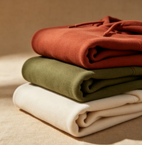 Heavyweight French terry hoodies folded stack in rust, olive and cream earth tones, custom hoodie manufacturer wholesale