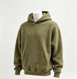 Oversized heavyweight loop-back fleece hoodie in olive, ghost mannequin, custom OEM cut-and-sew