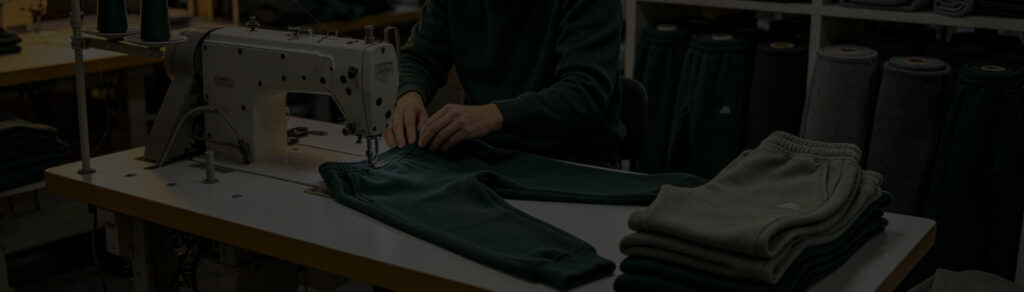 Sewing operator stitching cut panels on the custom sweatpants and joggers production line