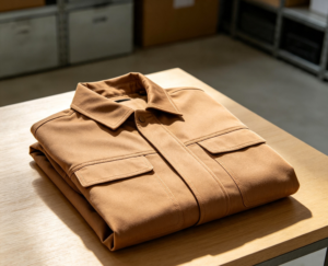 Oatmeal industrial workwear jacket for staff uniform programs