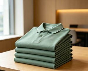 Stack of sage green corporate uniform polo shirts