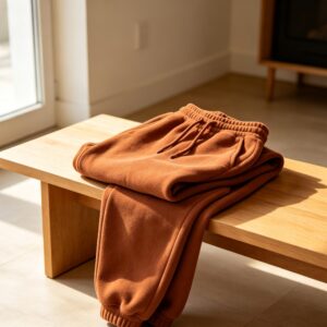 Clay brown fleece jogger folded on a wooden bench