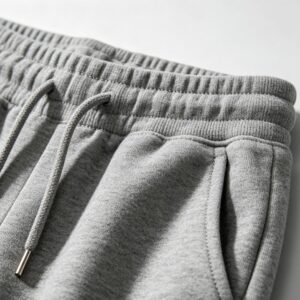 Close-up of grey french terry sweatpants waistband showing drawcord and side pocket