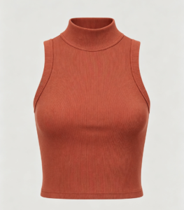 Terracotta ribbed crop tank top with mock neck, custom wholesale