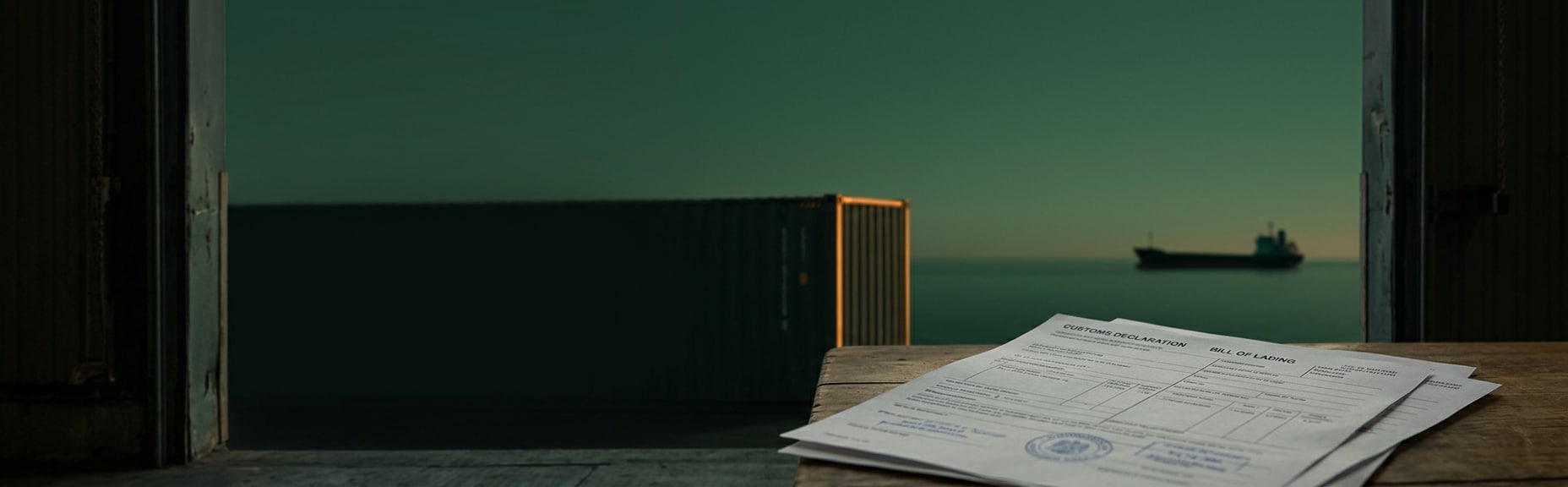 Customs declaration paperwork and cargo ship at dusk, representing China clothing tariff and duty clearance
