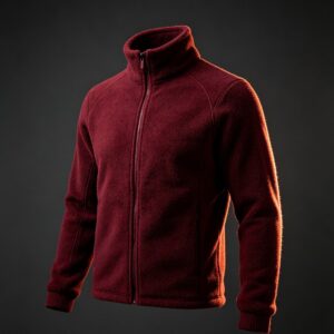 Burgundy oxblood full-zip fleece jacket with brushed plush pile and ribbed cuffs