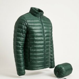 Forest green lightweight packable puffer jacket with matching stuff sack