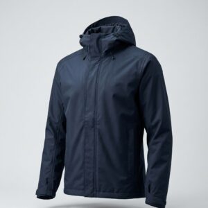 Navy waterproof hardshell jacket with storm flap and adjustable hood