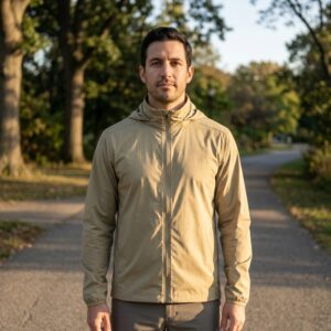 Khaki packable windbreaker worn outdoors with level hem and smooth nylon face