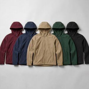 Hooded softshell jacket colour range in burgundy, navy, khaki, forest green and black