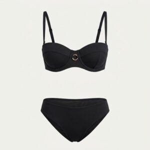 Custom underwire bikini set in black with a gold-tone center ring — structured cup swimwear manufacturing