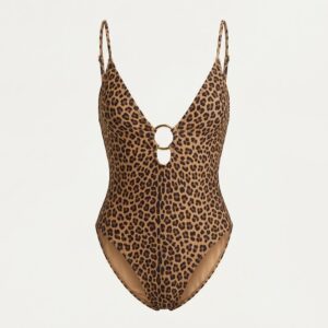 Custom plunge one-piece swimsuit in leopard print with gold ring hardware — OEM printed swimwear production