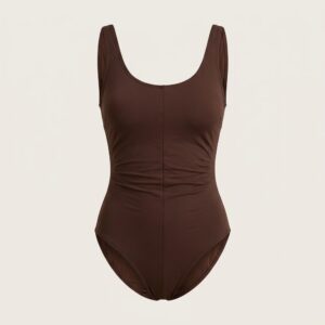 Custom sculpted one-piece swimsuit in chocolate brown with center-front seam shaping and high-leg cut — factory-direct swimwear OEM