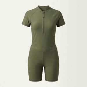 Custom women's swim shorts set in olive — quarter-zip swim top and mid-length swim shorts with inner brief, sporty swimwear OEM