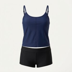 Custom tankini swim set — navy swim tank top and black boy-short bottom, private label swimwear manufacturing