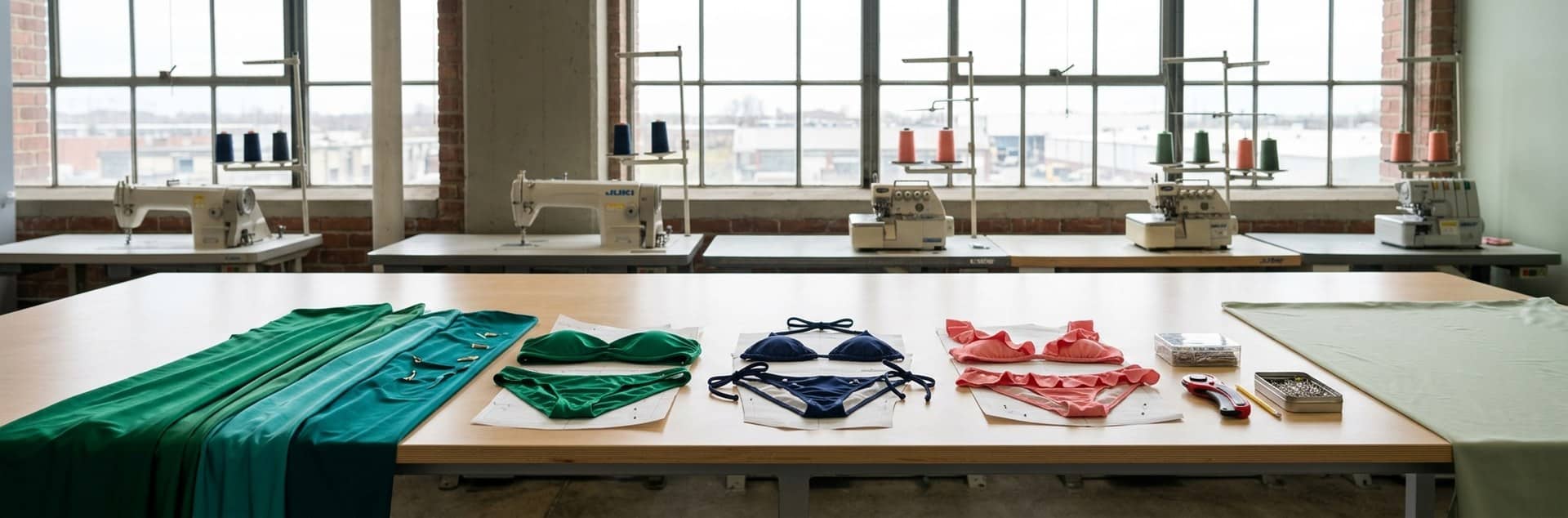 Custom swimwear cut-and-sew workshop: green, navy and coral bikini sets laid on pattern pieces along a wide cutting table, with rows of industrial sewing and overlock machines and thread cones by the factory windows