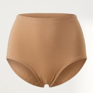 Women's high-waisted organic cotton briefs in warm nude with covered elastic waistband