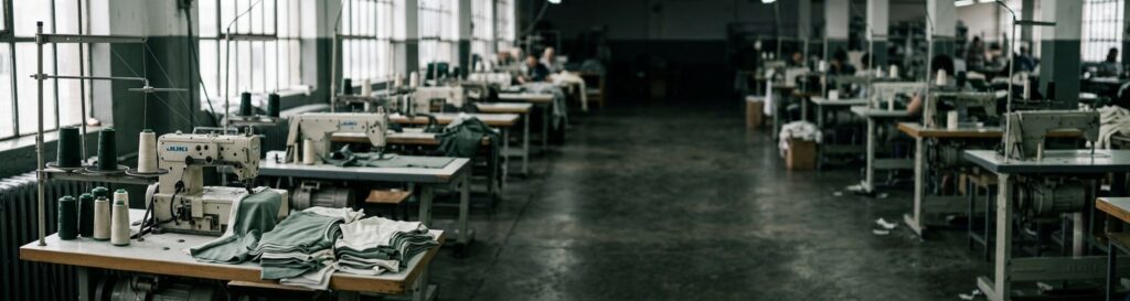 Cut and sew underwear factory floor with rows of industrial sewing machines and stacked cotton knit panels