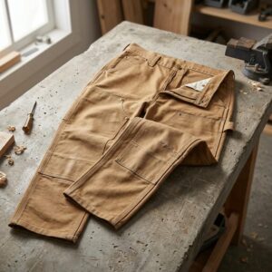 Tan duck canvas carpenter work pants flat lay showing reinforced double knee and rivets — custom workwear factory