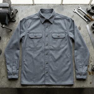 Steel grey twill work shirt flat lay with double chest pockets and bar-tack cuffs — OEM work shirt production