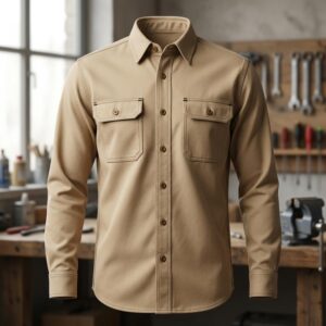 Custom reinforced twill work shirt in tan on an invisible mannequin, full front view — OEM workwear manufacturing