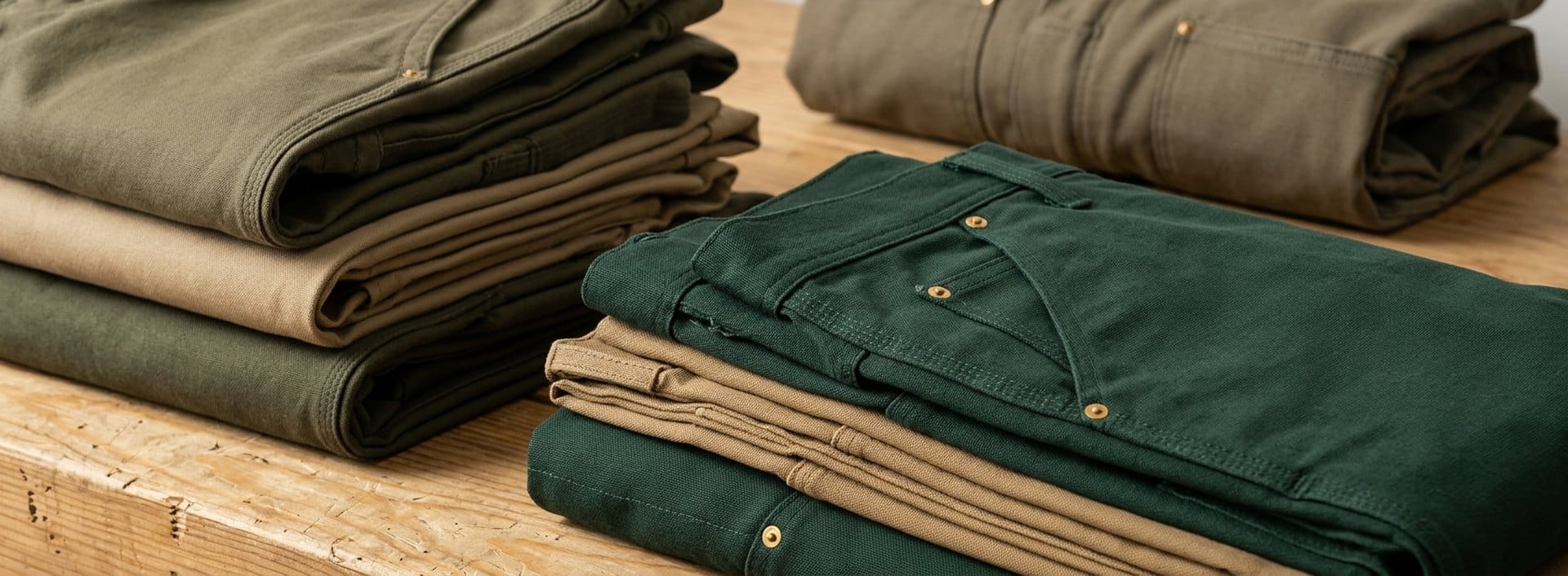 Folded stacks of heavy-duty custom workwear — twill and canvas work pants in olive, tan and deep pine green with brass rivets, on a workshop bench