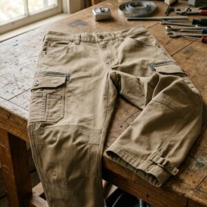 Khaki ripstop utility cargo work pants with bellows pockets and adjustable hem — custom workwear manufacturing
